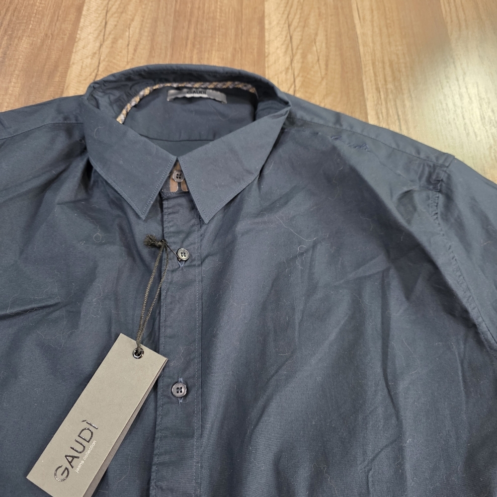 NWT Gaudi Classic Stretch Cotton Navy Blue Button Up Long Sleeve Shirt. XXL